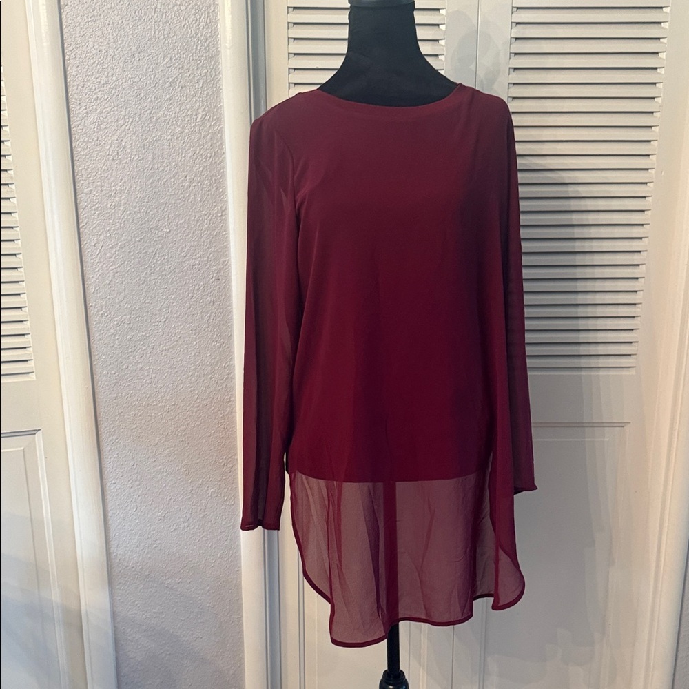 Alfani Burgundy Long Sleeve Chiffon-Hem Blouse